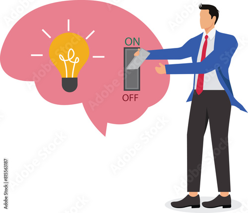 Turn on brain to think creatively, critical thinking or emotional intelligence, wisdom using knowledge or mindset, Experienced businessman turns on the switch in the human brain concept