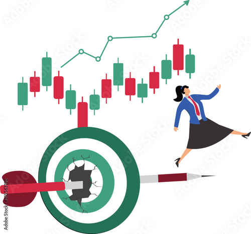 Businesswoman breakthrough the target archery with business growth graph background, Concentration and focus on business goal or target, persistence to achieve business goals or targets