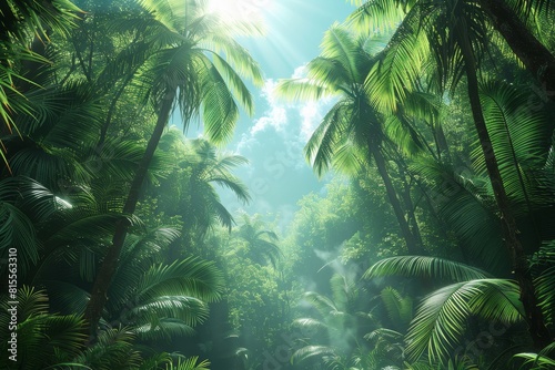 Palm Tree Forest in Tropical Paradise: Lush greenery with clear blue skies © Nico