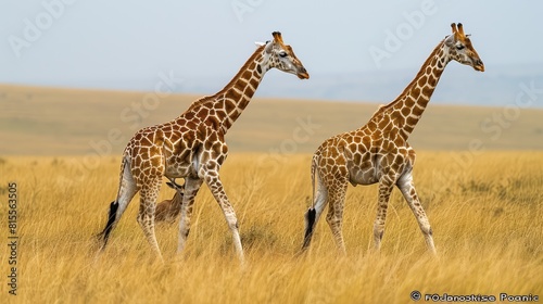 Two giraffes  walking in a field in the grasslands of the savanna with a warthog and an antelope in the background Maasai Mara National Park Kenya Africa Generative AI