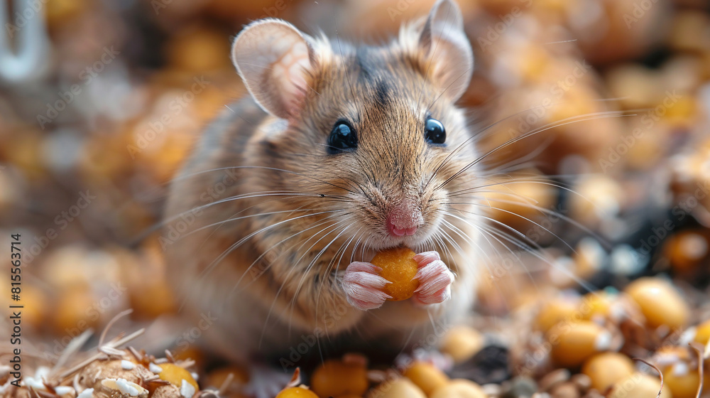 A cute little hamster facing forward. The hamster is eating food.