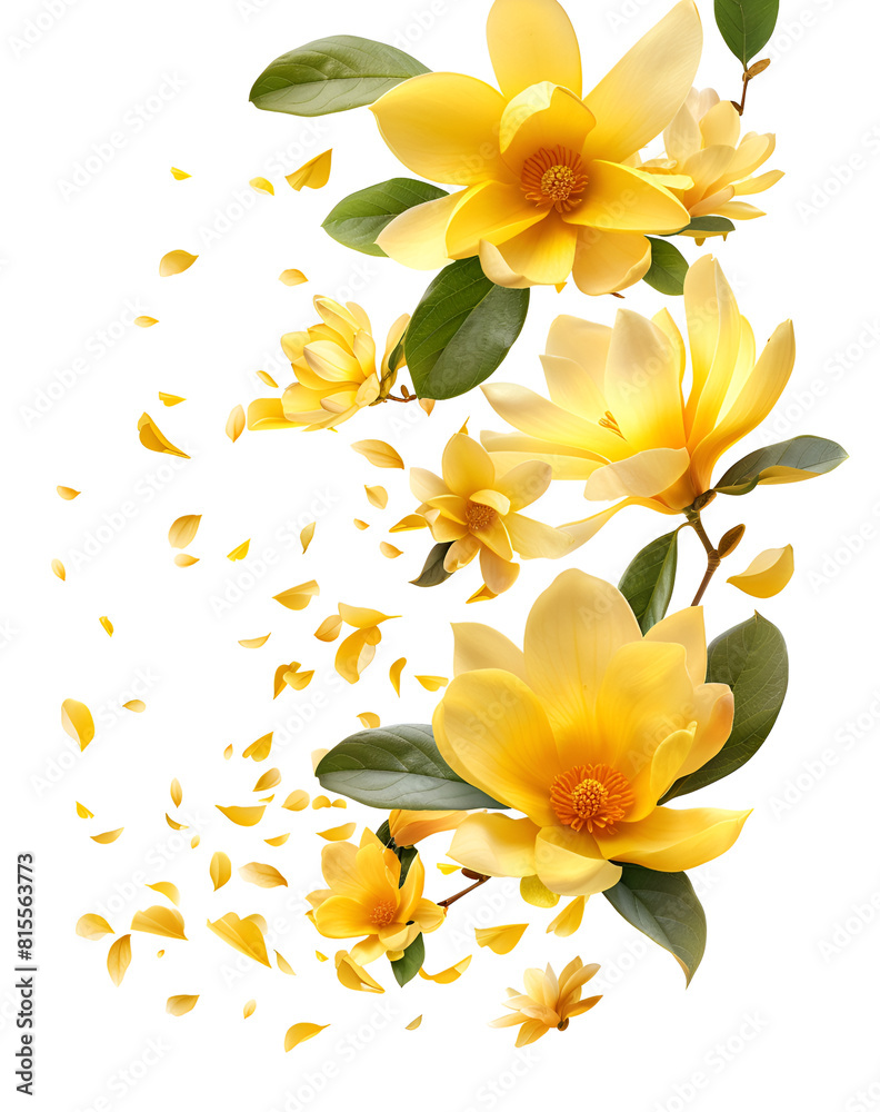 Fototapeta premium Fresh magnolia blossom, beautiful pink flowers falling in the air isolated on pink background