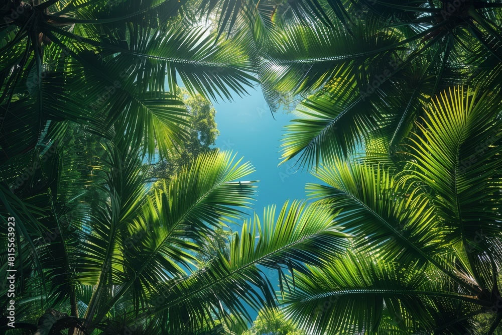 Palm Tree Forest in Tropical Paradise: Lush greenery with clear blue skies Palm Tree Forest in Tropical Paradise: Lush greenery with clear blue skies
