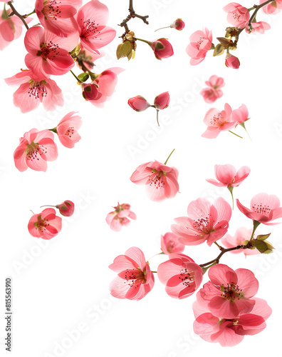 Fresh quince blossom  beautiful pink flowers falling in the air isolated on white background