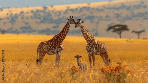 Two Masai giraffe Giraffa camelopardalis  stand necking on savannah  Serengeti  Tanzania Generative Ai