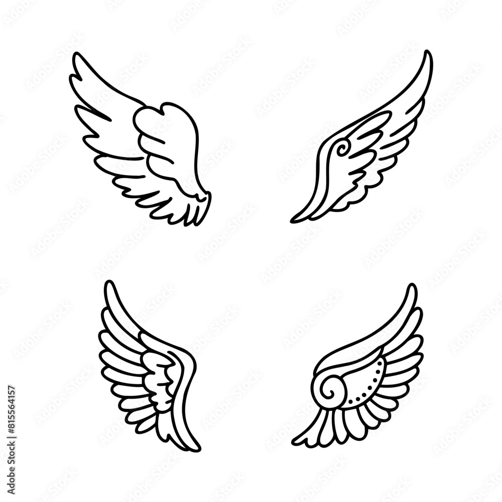 Hand drawn wing design, angel symbol on white background Hand drawn wing design, angel symbol on white background