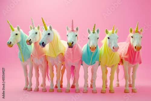 Colorful herd of horses in unicorn disguise on pink background