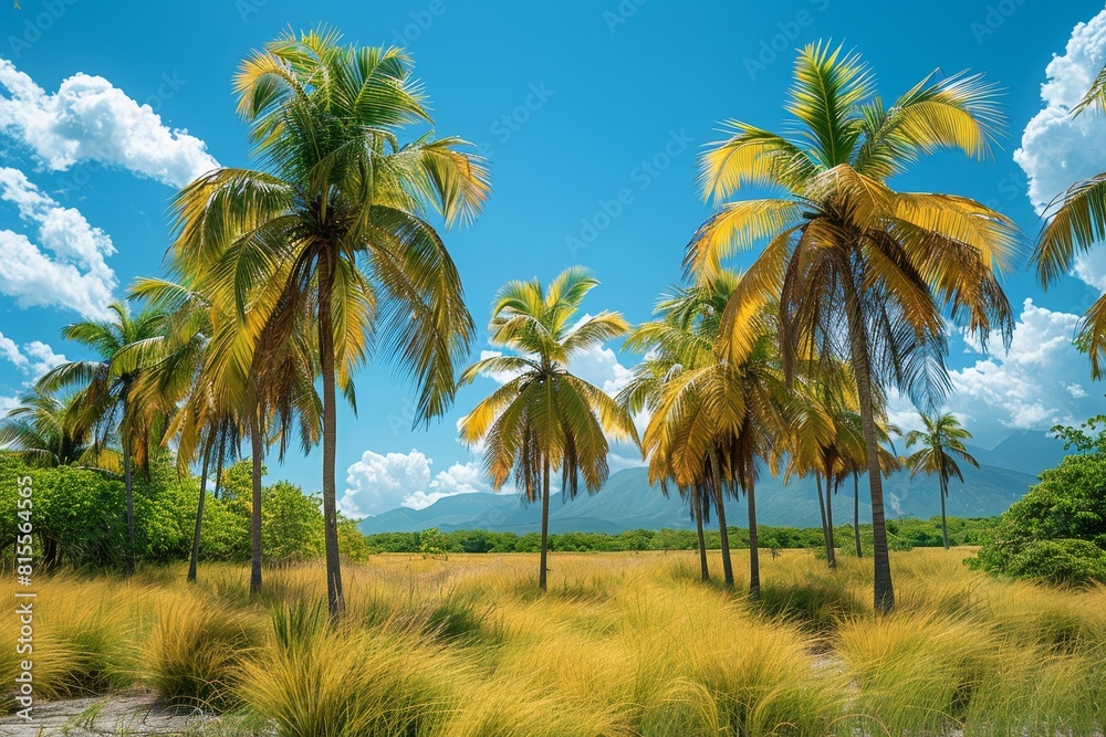 Palm Tree Forest in Tropical Paradise: Lush greenery with clear blue skies Palm Tree Forest in Tropical Paradise: Lush greenery with clear blue skies