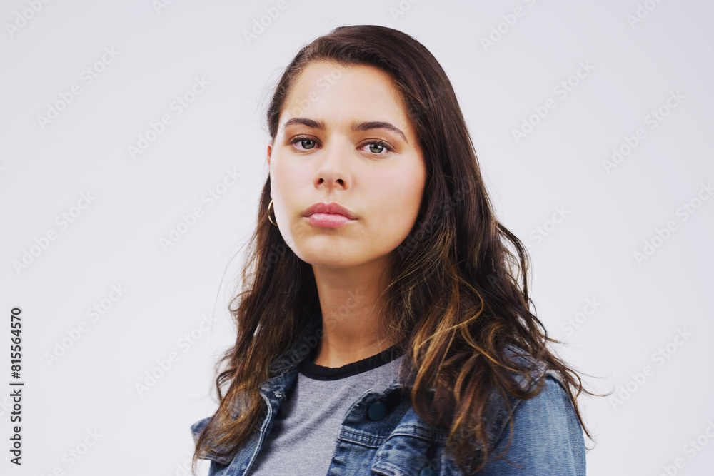 Girl, thinking and portrait in studio for mental health, anxious and stress or depression and anxiety. Young student or scholar and worry mindset or sad for exam, test or moody for studies Girl, thinking and portrait in studio for mental health, anxious and stress or depression and anxiety. Young student or scholar and worry mindset or sad for exam, test or moody for studies