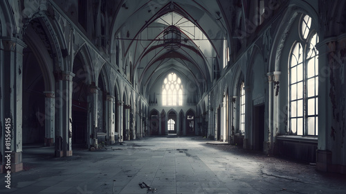 Large hall of abandoned building in gothic style : Generative AI photo
