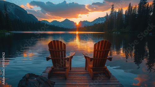Two wooden chairs on a wood pier overlooking a lake at sunset Generative AI photo