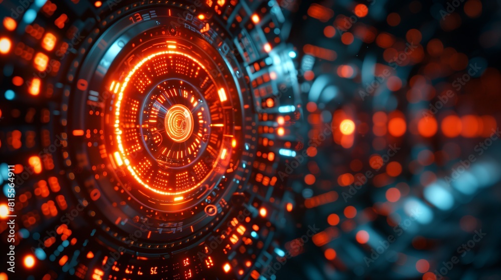 A digital tunnel with glowing orange and blue lights. There's a central circle with a clock symbol in the middle surrounded by smaller circles and dots. The background is dark A digital tunnel with glowing orange and blue lights. There's a central circle with a clock symbol in the middle surrounded by smaller circles and dots. The background is dark