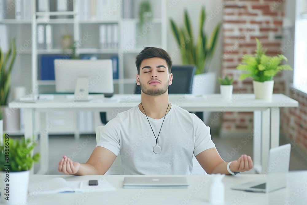 backdrop of a modern office setting, a male IT developer engaged in meditation at his white minimalistic desk, demonstrating the importance of incorporating stress-relief technique backdrop of a modern office setting, a male IT developer engaged in meditation at his white minimalistic desk, demonstrating the importance of incorporating stress-relief technique