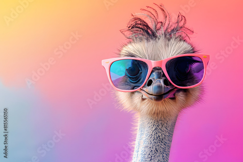 Fashionable ostrich with sunglasses on gradient background