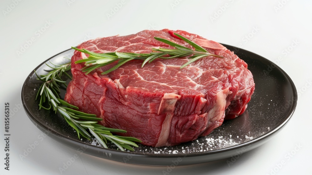 Close-up shot of a bison steak, artfully decorated on a plate, showcasing the meat's premium texture and quality, isolated for advertising