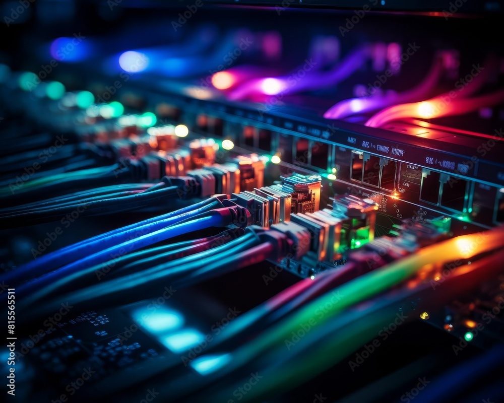 A glowing circuit board with blue, green and orange lights. A glowing circuit board with blue, green and orange lights.