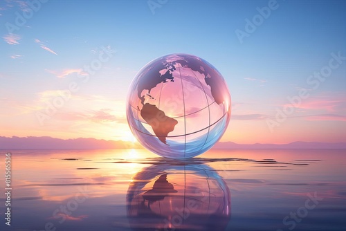 Amazing view of the Earth from space. The globe is made of glass and is sitting on a reflective surface. The colors of the sky are pink  blue  and orange.