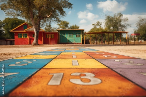 Colorful hopscotch grid on the ground of a school playground with a tree and colorful buildings in the background photo