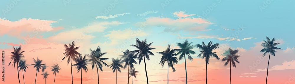 The image shows a beautiful sunset over the ocean. The palm trees are silhouetted against the sky. The water is calm and still. The sky looks amazing with gradient color. The image shows a beautiful sunset over the ocean. The palm trees are silhouetted against the sky. The water is calm and still. The sky looks amazing with gradient color.