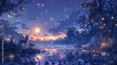 A beautiful painting of a forest at night. There are many stars in the sky, and the moon is shining brightly. There are also many deer and other animals in the forest.