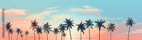 The image shows a beautiful sunset over the ocean. The palm trees are silhouetted against the sky. The water is calm and still. The sky looks amazing with gradient color.