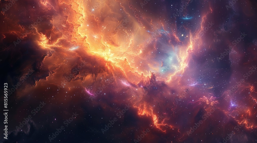 A beautiful space nebula with bright red, orange, yellow, blue, purple, and pink colors.