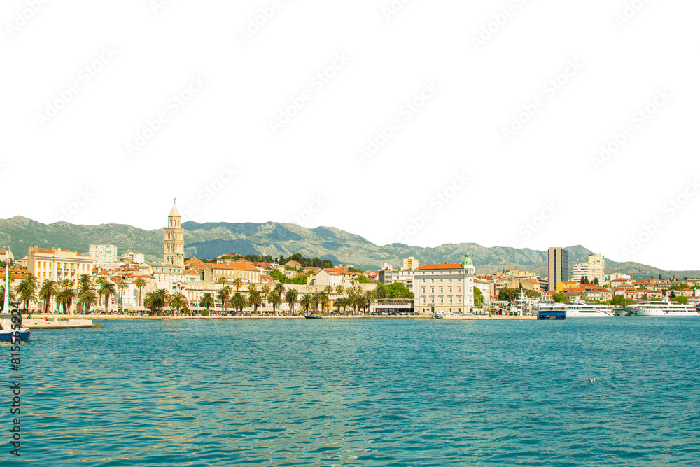 Landscape view of beautiful city by the sea, transparent background. Travel destination idea.