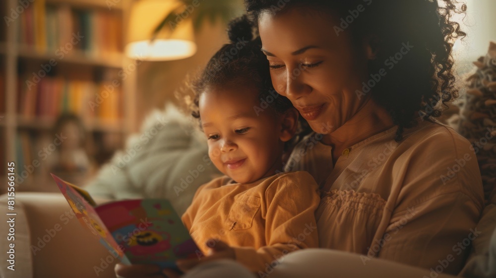African American mother and daughter enjoying a book in a warm living room. African American mother and daughter enjoying a book in a warm living room.