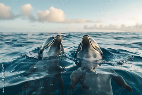 Twin dolphins emergent at sunset photo