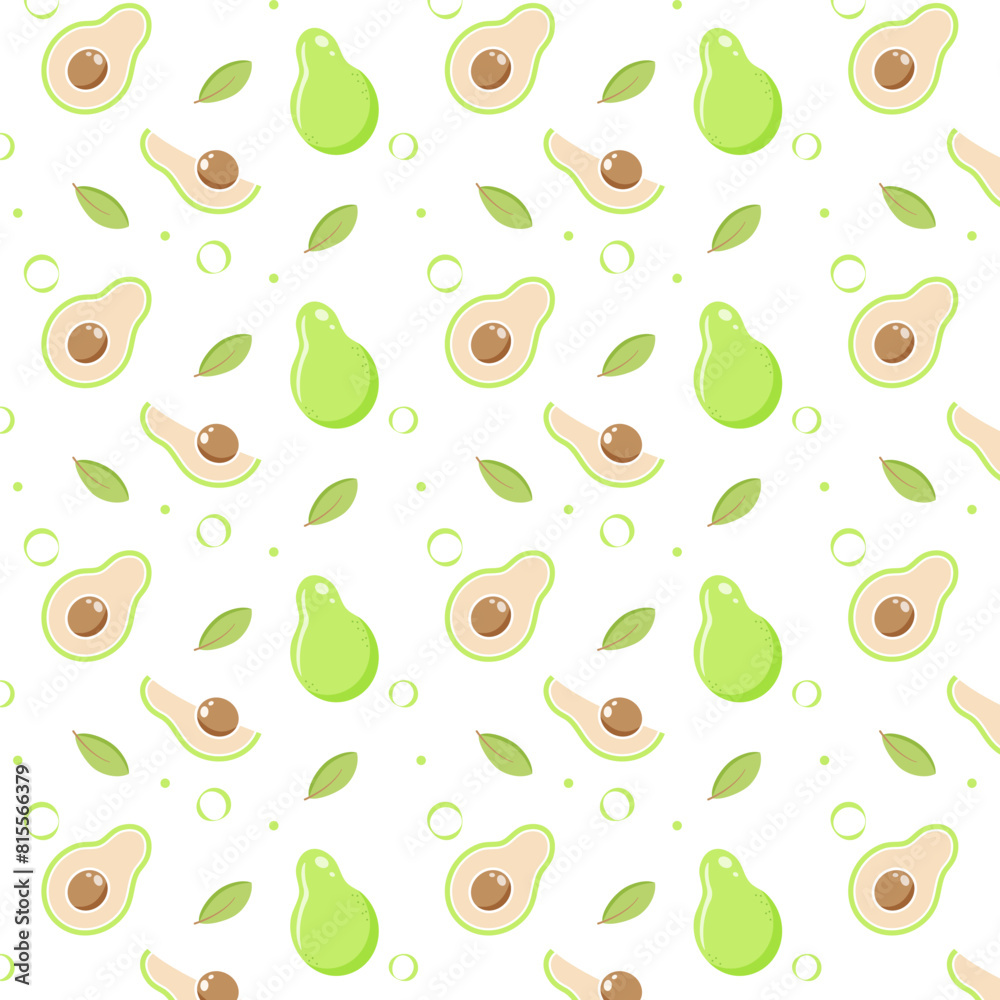 Vector seamless pattern with avocado, avocado slices and green leaves Vector seamless pattern with avocado, avocado slices and green leaves