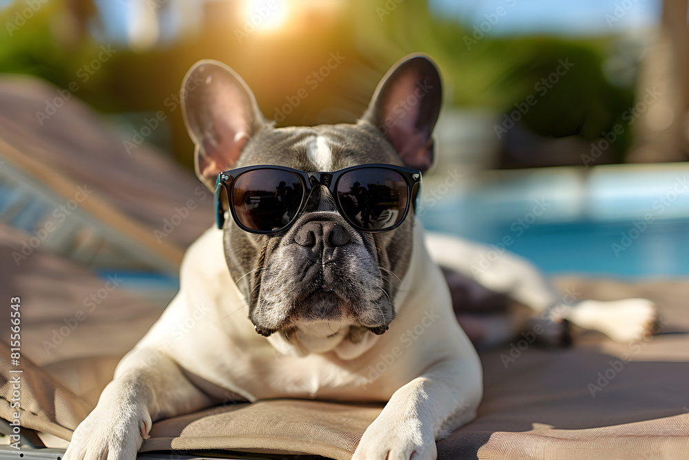Stylish french bulldog wearing sunglasses by the pool