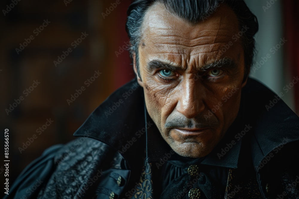 Intense portrait of a male actor in costume, embodying a dramatic historical character with strong features Intense portrait of a male actor in costume, embodying a dramatic historical character with strong features