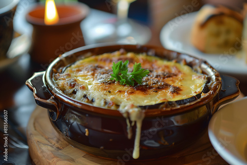 Tradtional moussaka served in a rustic ceramic dish photo
