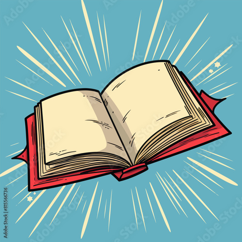 Vector illustration of an open book with white rays emanating from it against a serene blue background, representing knowledge and enlightenment.