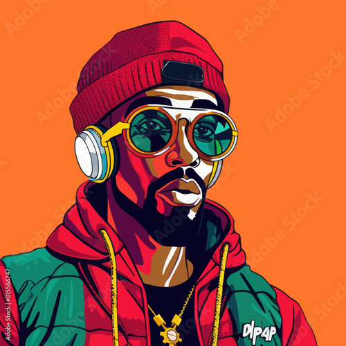 Vector illustration of a stylish African American man wearing headphones, a beanie, and sunglasses, set against a vivid orange background in a pop art style.