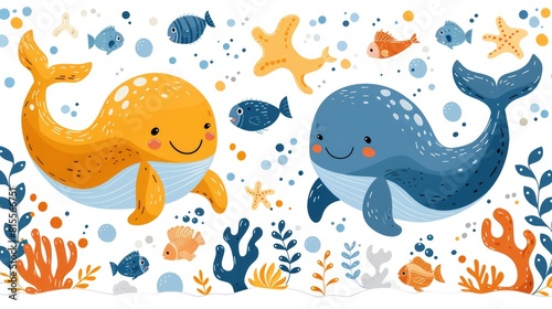 Vector seamless background with cartoon sea animals Generative AI