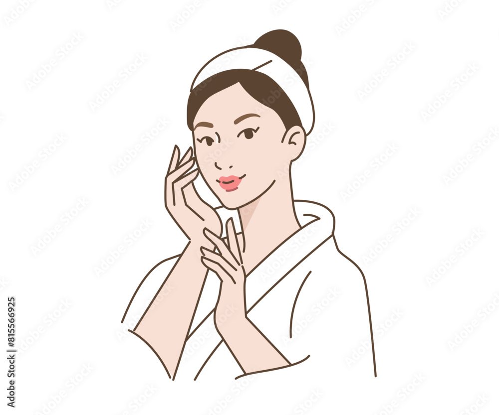 Woman touching her face, taking care of skin and making spa procedures. Beauty treatment concept. Vector illustration. Woman touching her face, taking care of skin and making spa procedures. Beauty treatment concept. Vector illustration.