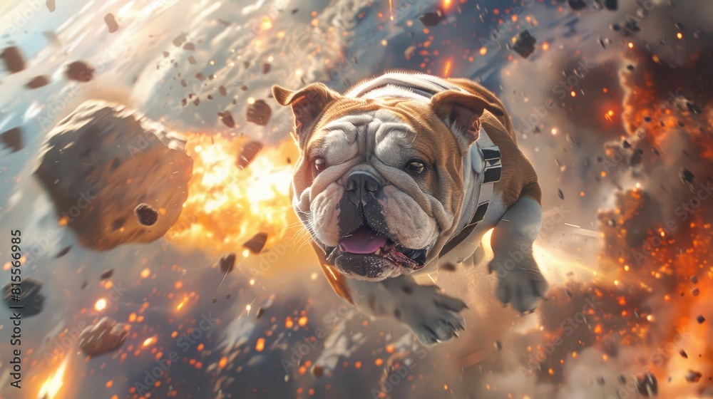 A bulldog wearing a space helmet is flying through an asteroid field.
