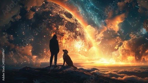 A boy and his dog stand on a hill and look at the stars. photo
