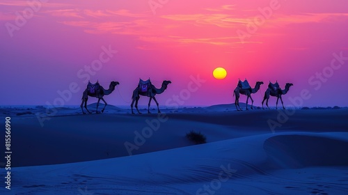 A caravan of camels walking through the desert at sunset.