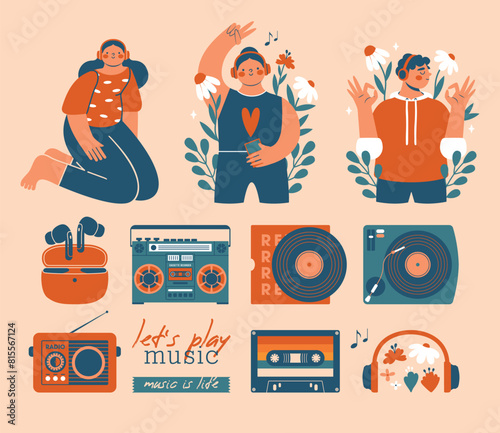 Music Lover Set. Collection of cute cartoon clip arts with persons, who listening music with headset, earphones, young woman showing v-gest, young man showing ok. Vinyl, cassette tape, radio, boombox. © renberrry