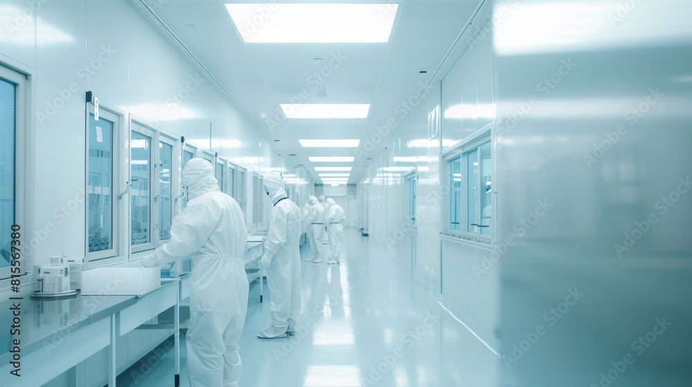 Scientists in full protective suits conduct research in a sterile clean room lab. Scientists in full protective suits conduct research in a sterile clean room lab.