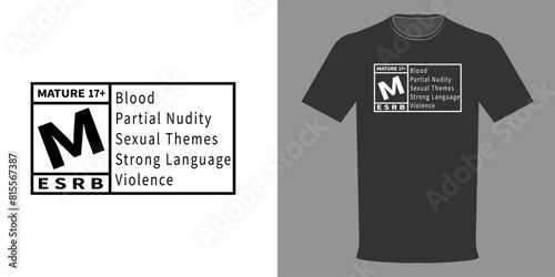 Vector illustration of a t-shirt with a Sensitive Content Warning with an M Rating of 17+. M For Mature Logo. Typographic print isolated on black and white backgrounds, template for website banner