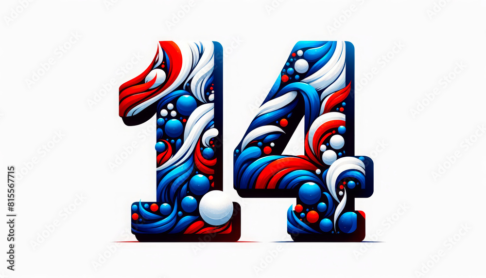 number “14” in a dynamic swirl of French tricolors, blue, white, and ...
