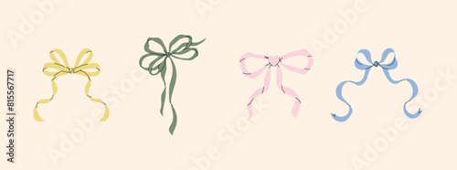 Set of various cartoon bow knots, tie ups, gift bows. Isolated colorful design elements. Wedding celebration, holiday, party decoration, gift, frame, border, present concept. Hand drawn Vector illustr