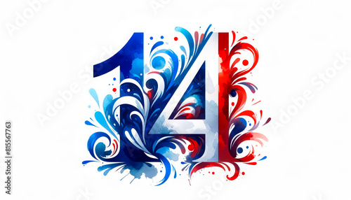 number “14” in a dynamic swirl of French tricolors, blue, white, and red, symbolizing the celebratory spirit of Bastille Day, observed every July 14th as France’s National Day.