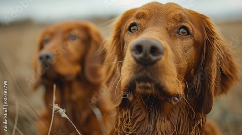 A close up of two Irish Setters in a field photo