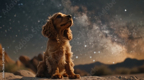 A cocker spaniel sits on a rock in the desert and looks up at the stars in awe. photo