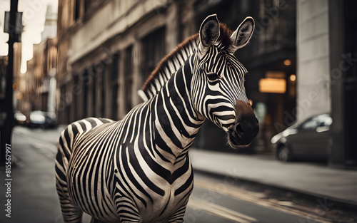 Fashionable zebra in a striped suit matching its skin  posing in an urban setting. Stylish and witty animal concept