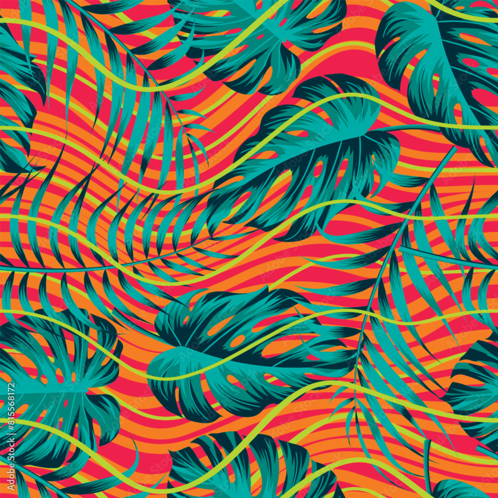 Fototapeta premium Floral seamless pattern with leaves. wavy lines, tropical background 